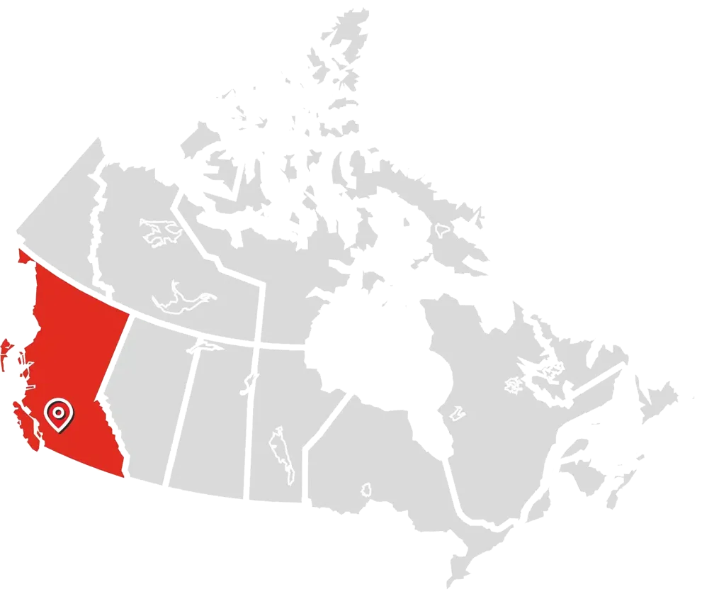Map of Canada, highlighting British Columbia in brand color of MJR Electric and pin pointing to Vancouver region with a marker